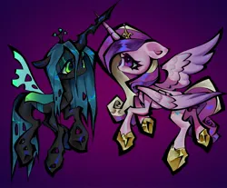 Size: 2048x1692 | Tagged: safe, artist:broniesforponies, derpibooru import, princess cadance, queen chrysalis, alicorn, changeling, changeling queen, pony, cadalis, duo, duo female, female, image, infidelity, jpeg, lesbian, mare, purple background, shipping, simple background