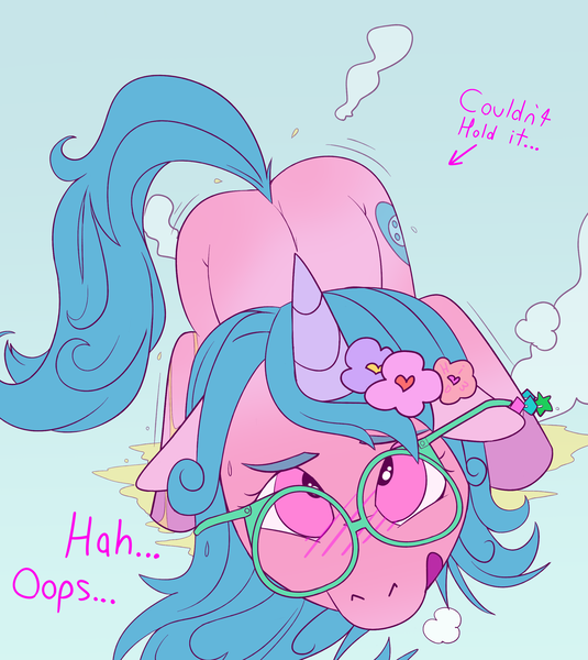 Size: 2404x2698 | Tagged: questionable, artist:hima, derpibooru import, unicorn, anklet, desperation, embarrassed, face down ass up, fetish, flower, flower in hair, glasses, horn, image, jewelry, need to pee, omorashi, pissing, png, potty emergency, potty time, trembling, urine, wet, wetting