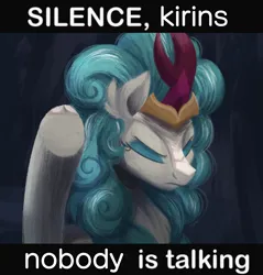 Size: 1180x1234 | Tagged: safe, artist:candy meow, derpibooru import, rain shine, ponified, kirin, pony, g4, sounds of silence, chest fluff, cloven hooves, ear fluff, eyes closed, female, image, kingdom of heaven, meme, png, ponified meme, raised hoof, solo, text