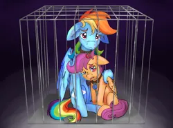 Size: 1713x1276 | Tagged: semi-grimdark, artist:destiny_manticor, derpibooru import, rainbow dash, scootaloo, pegasus, pony, g4, abuse, black background, black eye, bleeding, blood, bruised, cage, collar, commission, crying, cuddling, dashabuse, duo, duo female, female, filly, floppy ears, foal, folded wings, image, implied anon, looking at you, mare, multicolored hair, nosebleed, offscreen character, pet, pet collar, pet tag, png, question mark, rainbow hair, sad, sad pony, scootabuse, scratches, simple background, sitting, slave, tears of sadness, teary eyes, wings