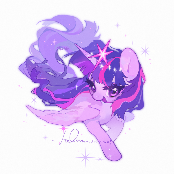 Size: 2048x2048 | Tagged: safe, artist:hc-yhccz, derpibooru import, twilight sparkle, twilight sparkle (alicorn), alicorn, pony, female, image, mare, open mouth, png, simple background, smiling, sparkles, spread wings, text, white background, wings