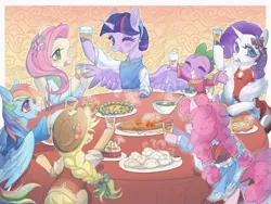 Size: 2160x1620 | Tagged: safe, artist:weixin635, derpibooru import, applejack, fluttershy, pinkie pie, rainbow dash, rarity, spike, twilight sparkle, twilight sparkle (alicorn), alicorn, dragon, earth pony, fish, pegasus, pony, unicorn, g4, abstract background, blushing, bowl, cake, cheongsam, chinese dress, clothes, cute, dashabetes, diapinkes, dress, dumplings, eyes closed, female, food, fur trim, glass, grin, hoof hold, horn, image, jackabetes, jacket, jpeg, mane seven, mane six, mare, one eye closed, open mouth, passepartout, plate, raribetes, shyabetes, smiling, spikabetes, spread wings, table, twiabetes, winged spike, wings