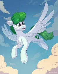 Size: 2043x2604 | Tagged: safe, artist:skysorbett, derpibooru import, oc, oc:mintfeather, unofficial characters only, pegasus, pony, cloud, flying, image, male, pegasus oc, png, sky, solo, spread wings, stallion, wings