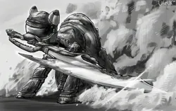 Size: 2560x1607 | Tagged: safe, artist:uteuk, derpibooru import, oc, oc:zinc, pony, zebra, fallout equestria, armor, clothes, coat, female, greatsword, helmet, image, jpeg, mare, monochrome, sword, weapon