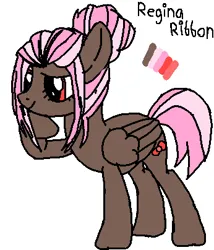 Size: 346x404 | Tagged: safe, artist:maremaxxer, ponerpics import, oc, oc:regina ribbon, unofficial characters only, pegasus, pony, base used, bow, brown coat, bun, female, hair bow, hair bun, hair tied, image, mare, maremaxxer, photo, pink mane, png, raised hoof, red eyes, reference sheet, solo, two toned mane