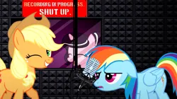 Size: 1536x862 | Tagged: safe, artist:jhayarr23, artist:oblivionfall, derpibooru import, applejack, rainbow dash, earth pony, pegasus, pony, g4, female, image, jpeg, looking at you, mare, microphone, one eye closed, recording studio, shut up, solo, wink, winking at you