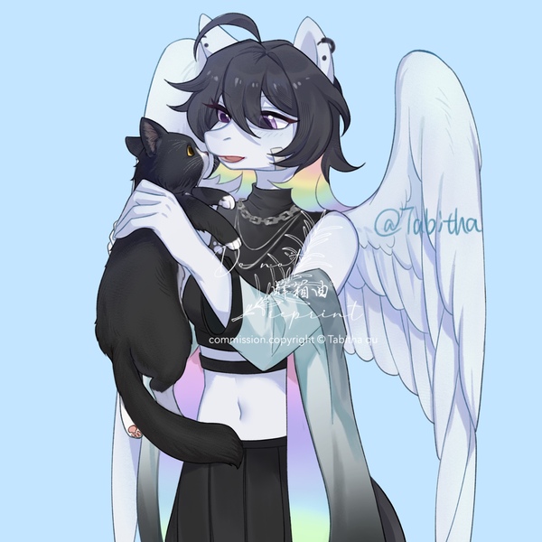 Size: 2048x2048 | Tagged: safe, artist:tabithaqu, derpibooru import, oc, unofficial characters only, anthro, cat, pegasus, anthro oc, commission, image, jpeg, pegasus oc, solo, watermark, wings, ych result