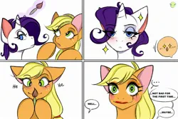 Size: 2560x1707 | Tagged: safe, artist:namelessplaza, derpibooru import, applejack, rarity, earth pony, pony, unicorn, 4 panel comic, blushing, brush, comic, comic page, female, horn, image, jpeg, magic, makeup, mare, meme, speech bubble, there was an attempt