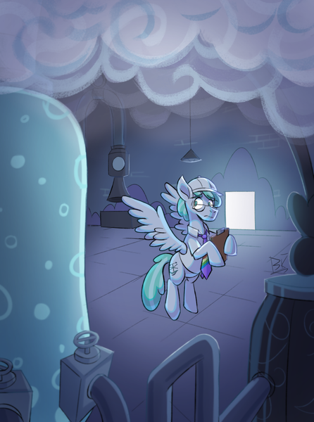 Size: 2268x3048 | Tagged: safe, artist:bkiltersot, derpibooru import, feather flatterfly, pegasus, pony, g4, clipboard, clothes, cloud, cloudsdale, floating, image, machinery, male, necktie, png, solo, spread wings, stallion, weather factory, weather factory uniform, wings