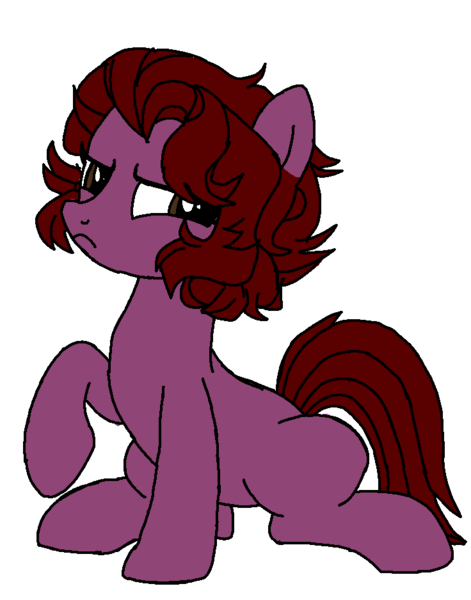 Size: 736x938 | Tagged: safe, artist:maremaxxer, ponerpics import, oc, oc:ripe juice, unofficial characters only, earth pony, pony, base used, brown eyes, female, grumpy, image, mare, photo, png, purple coat, raised hoof, red mane, scrunched nose, short mane, simple background, sitting, solo