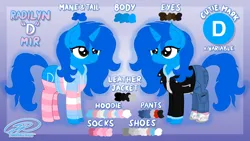 Size: 10240x5760 | Tagged: safe, artist:iamaveryrealperson, derpibooru import, oc, oc:"d", unofficial characters only, pony, unicorn, blue coat, blue mane, blue pony, brown eyes, closed mouth, clothes, colored, cutie mark, denim, eyelashes, female, gradient background, hoodie, horn, image, jacket, jeans, leather, leather jacket, long hair, long mane, long tail, mare, name, pants, pink socks, png, pocket, pockets, pride, pride flag, programming socks, reference, reference sheet, shoes, signature, socks, solo, standing, striped socks, tail, text, thigh highs, trans female, transgender, transgender oc, transgender pride flag, unicorn horn, unicorn oc, zipper