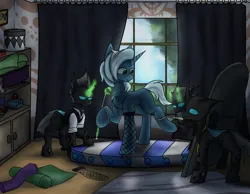 Size: 2673x2079 | Tagged: safe, artist:ashel_aras, derpibooru import, oc, unofficial characters only, changeling, pony, unicorn, among us, boutique, changeling oc, clothes, curtains, horn, image, png, room, socks, stockings, thigh highs, window