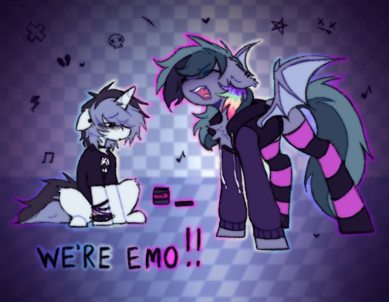 Size: 787x612 | Tagged: safe, artist:flixanoa, derpibooru import, oc, oc:fef, oc:scrimmy, bat pony, unicorn, bracelet, checkered background, checkered floor, clothes, duo, emo, fangs, hair dye, hoodie, horn, image, jewelry, music notes, png, rainbow, sad, screaming, shirt, sitting, socks, standing, t-shirt