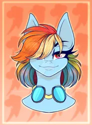 Size: 1024x1393 | Tagged: safe, artist:darklordmonte, derpibooru import, rainbow dash, pegasus, pony, bust, cutie mark background, deviantart watermark, female, goggles, hair over one eye, image, jpeg, mare, obtrusive watermark, portrait, signature, smiling, solo, watermark, wingding eyes