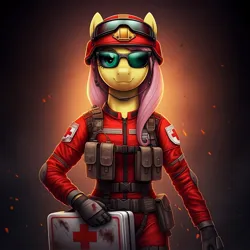 Size: 1024x1024 | Tagged: safe, ai content, derpibooru import, generator:google imagen 3.0, machine learning generated, prompter:zerowinger, fluttershy, anthro, clothes, cosplay, costume, female, first aid kit, g.i. joe, gradient background, helmet, image, jpeg, lifeline, medic, rescue trooper, smiling, solo, sunglasses