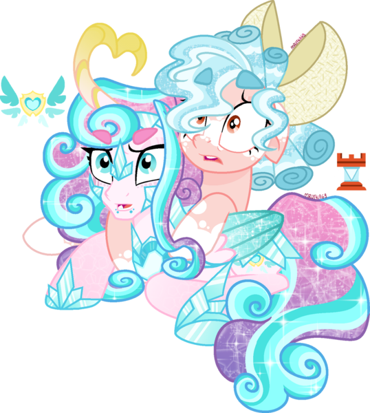 Size: 1280x1428 | Tagged: safe, artist:mrufka69, derpibooru import, cozy glow, princess flurry heart, alicorn, pegasus, pony, alternate design, armor, beanbrows, bow, coat markings, curved horn, duo, duo female, ear piercing, earring, eyebrows, eyebrows visible through hair, fantasy class, female, floppy ears, folded wings, gradient horn, gradient mane, hair bow, hoof shoes, horn, image, jewelry, lesbian, lip piercing, lying down, mare, older, older cozy glow, older flurry heart, piercing, png, princess shoes, redesign, shaped horn, ship:cozyheart, shipping, shrunken pupils, side, socks (coat marking), sparkly mane, sparkly tail, sparkly wings, tail, warrior, warrior flurry heart, wings