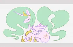 Size: 1896x1237 | Tagged: safe, artist:noupu, derpibooru import, princess celestia, alicorn, pony, g4, eyes closed, female, green-mane celestia, image, jpeg, letterboxing, lying down, mare, partially open wings, pinklestia, prone, simple background, solo, white background, wings