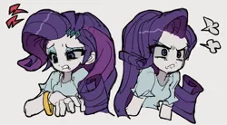 Size: 1365x754 | Tagged: safe, artist:jwnn_, derpibooru import, part of a set, rarity, equestria girls, g4, angry, angry rarity, bangles, blouse, blue eyes, blue eyeshadow, bust, colored sclera, cutie mark accessory, cutie mark hair accessory, duality, emanata, eye clipping through hair, eyebrows, eyebrows visible through hair, eyeshadow, female, frown, gray sclera, grimacing, grossed out, hair accessory, image, jpeg, light skin, long hair, makeup, pouting, purple hair, rarity is not amused, shiny hair, shrunken pupils, simple background, solo, thick eyelashes, unamused, white background