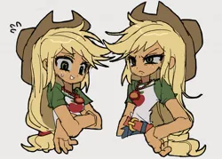 Size: 1377x985 | Tagged: safe, artist:jwnn_, derpibooru import, part of a set, applejack, equestria girls, g4, applejack is not amused, applejack's hat, bead necklace, belt, belt buckle, blonde hair, clothes, colored sclera, cowboy hat, crossed arms, cutie mark, cutie mark on clothes, denim, duality, emanata, female, freckles, frown, gray sclera, grin, hair tie, halfbody, hand on hip, hat, image, jeans, jewelry, jpeg, looking down, narrowed eyes, necklace, nervous, nervous grin, open mouth, open smile, orange skin, pants, plewds, shiny hair, shirt, slender, smiling, solo, stetson, t-shirt, thin, three quarter view, tied hair, unamused