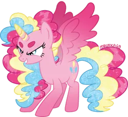 Size: 1280x1171 | Tagged: safe, artist:mrufka69, derpibooru import, pinkie pie, alicorn, pony, alicornified, beanbrows, colored wings, determined, eyebrows, female, gradient horn, gradient legs, gradient wings, grin, horn, image, mare, pinkiecorn, png, race swap, simple background, smiling, solo, sparkly mane, sparkly tail, spread wings, striped horn, tail, transparent background, wings, xk-class end-of-the-world scenario