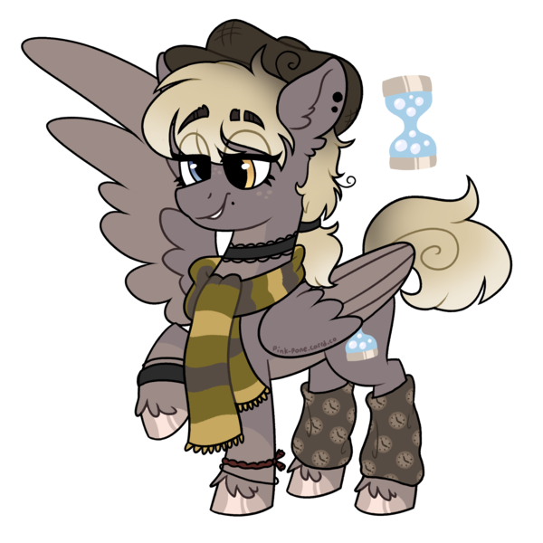 Size: 2000x2000 | Tagged: safe, artist:pink-pone, derpibooru import, oc, pony, cap, choker, clothes, female, hat, heterochromia, image, leg warmers, mare, offspring, parent:derpy hooves, parent:doctor whooves, parents:doctorderpy, png, scarf, solo