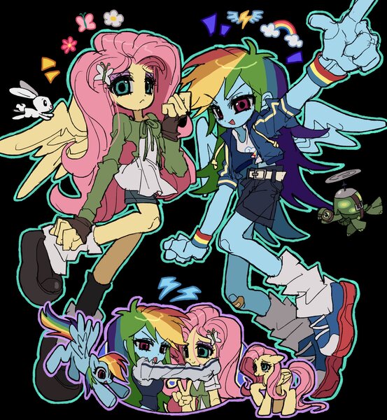 Size: 2000x2170 | Tagged: safe, artist:jwnn_, derpibooru import, angel bunny, fluttershy, rainbow dash, tank, human, pegasus, pony, rabbit, tortoise, equestria girls, g4, animal, bandaid, belt, black background, blue coat, blue skin, bomber jacket, butterfly hairpin, cardigan, clothes, colored sclera, cutie mark, cutie mark accessory, cutie mark hair accessory, cutie mark on clothes, dress, duo focus, emanata, exposed belly, eye clipping through hair, eyebrows, eyebrows visible through hair, eyelashes, eyeshadow, female, fingerless gloves, flutterdash, flying, frown, gloves, goggles, gray sclera, group, hair accessory, hairclip, high res, hug, human ponidox, image, jacket, jpeg, leg warmers, lesbian, long arms, long hair, long legs, looking at you, magenta eyes, makeup, mary janes, midriff, multicolored hair, multicolored tail, open mouth, open smile, outline, peace sign, pink eyeshadow, pink hair, pink mane, pink tail, platform shoes, pointing, pointing up, ponied up, propeller, quartet, rainbow hair, rainbow tail, raised arm, raised hoof, self paradox, self ponidox, shiny hair, shipping, shoes, shorts, shorts under skirt, simple background, skirt, slender, smiling, sneakers, spread wings, standing, standing on three hooves, sundress, sweatband, tail, teal eyes, thick eyelashes, thin, thin arms, thin legs, tongue out, varsity jacket, wall of tags, wings, wristband, yellow coat, yellow skin