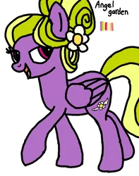 Size: 736x933 | Tagged: safe, artist:maremaxxer, ponerpics import, oc, oc:angel garden, unofficial characters only, pegasus, pony, base used, bun, female, green mane, hair bun, hair flower, hair highlights, hair tied, hair up, image, mare, photo, png, purple coat, red eyes, solo