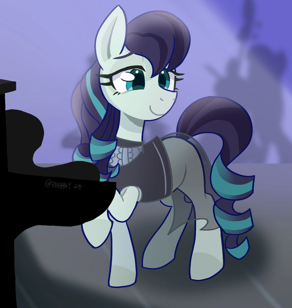 Size: 1366x1444 | Tagged: safe, artist:rlabbiy, derpibooru import, coloratura, earth pony, pony, g4, female, image, mare, musical instrument, piano, png, smiling, solo, text