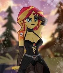 Size: 6264x7332 | Tagged: safe, artist:emeraldblast63, derpibooru import, sunset shimmer, equestria girls, g4, black lipstick, breasts, busty sunset shimmer, choker, cleavage, clothes, collar, fishnet clothing, fishnet gloves, fishnet pantyhose, fishnets, gloves, image, lipstick, pantyhose, png, socks, stockings, tattoo, thigh highs