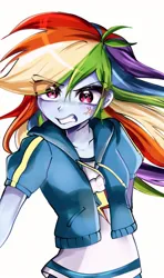 Size: 607x1024 | Tagged: safe, artist:pulse, derpibooru import, rainbow dash, human, equestria girls, g4, angry, clothes, cross-popping veins, emanata, eye clipping through hair, female, gritted teeth, image, jacket, jpeg, looking at you, simple background, solo, teeth, white background