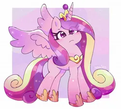 Size: 1874x1686 | Tagged: safe, artist:leo19969525, derpibooru import, princess cadance, alicorn, pony, g4, :c, crown, eye clipping through hair, female, frown, hair over one eye, image, jewelry, jpeg, looking at you, mare, passepartout, peytral, regalia, solo, sparkly mane, spread wings, wings