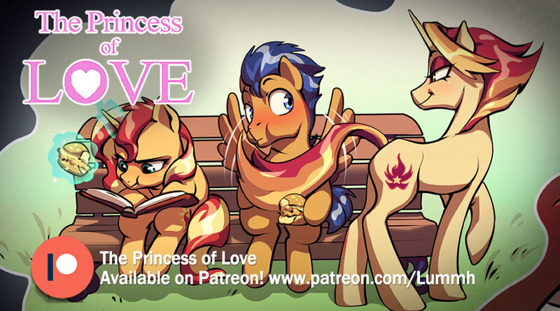 Size: 1000x556 | Tagged: safe, artist:baban illustration, artist:lummh, derpibooru import, fire flare, flash sentry, sunset shimmer, pegasus, pony, unicorn, bench, book, burger, butt, female, filly, filly sunset shimmer, foal, food, hay burger, horn, image, jpeg, levitation, looking at each other, looking at someone, magic, male, mare, patreon, patreon logo, plot, seduction, spread wings, stallion, tail, tail seduce, telekinesis, wings, younger, younger sunset