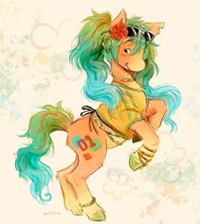 Size: 1170x1313 | Tagged: safe, artist:lutraviolet, derpibooru import, ponified, earth pony, pony, abstract background, bead necklace, blush lines, blushing, body jewelry, brazil, brazilian miku, butt fluff, clothes, coat markings, colored belly, colored eartips, colored eyebrows, colored hooves, ear piercing, earring, eyelashes, female, flower, flower on ear, freckles, gradient mane, gradient tail, green hooves, hatsune miku, hibiscus, hooped earrings, hooves, image, jewelry, jpeg, leg fluff, lidded eyes, long mane, long tail, looking back, mare, multicolored mane, multicolored tail, necklace, open mouth, open smile, orange coat, pale belly, pale muzzle, piercing, pigtails, profile, rearing, reference used, shiny hooves, shirt, signature, smiling, socks (coat marking), striped mane, striped tail, sunglasses, sunglasses on head, t-shirt, tail, torn ear, twintails, unshorn fetlocks, vocaloid