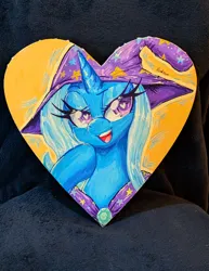 Size: 2256x2927 | Tagged: safe, artist:floralshitpost, derpibooru import, trixie, pony, unicorn, canvas, eyelashes, gem, hat, heart, heart eyes, horn, image, jpeg, lidded eyes, painting, photo, smug, traditional art, wingding eyes