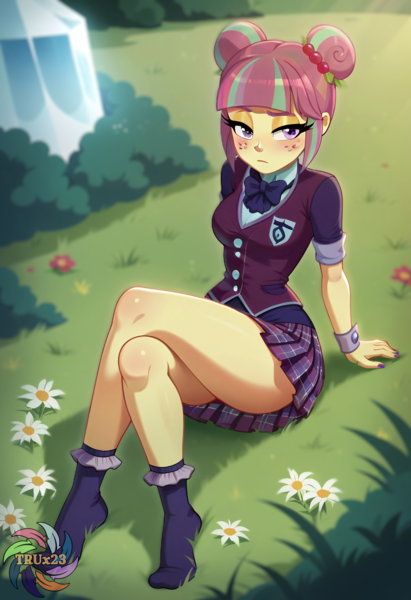 Size: 2496x3648 | Tagged: safe, ai content, derpibooru import, machine learning generated, prompter:trux23, sour sweet, human, equestria girls, g4, blurry background, clothes, freckles, grass, hair bun, image, logo, png, relaxing, sitting, socks, solo