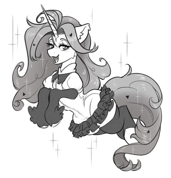 Size: 2369x2476 | Tagged: safe, artist:opalacorn, derpibooru import, oc, unofficial characters only, pony, unicorn, black and white, cheek fluff, ear fluff, female, grayscale, horn, image, jpeg, lidded eyes, mare, monochrome, open mouth, open smile, simple background, smiling, solo, sparkles, white background