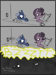 Size: 1138x1532 | Tagged: safe, artist:davierocket, derpibooru import, starlight glimmer, trixie, pony, unicorn, g4, book, comic, duo, duo female, electrical outlet, electricity, female, fork, glow, glowing horn, horn, image, magic, mare, png, reading, simple background, smoke, starlight glimmer is not amused, telekinesis, text, too dumb to live, trixie is a goddamn moron, unamused