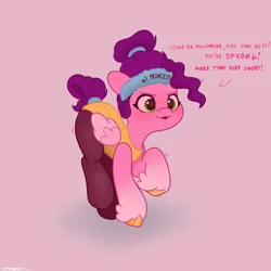 Size: 2480x2480 | Tagged: safe, artist:starburstuwu, derpibooru import, pipp petals, pegasus, pony, g5, alternate hairstyle, blushing, clothes, dialogue, exercise, exeron outfit, female, hair up, headband, high res, image, jpeg, leotard, mare, philomena petals, pink background, simple background, solo, tail, tail bun