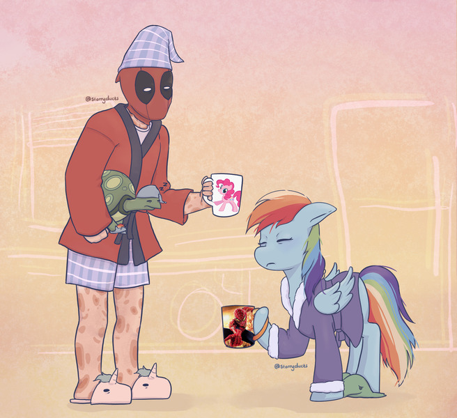 Size: 1824x1668 | Tagged: safe, artist:starryducks, derpibooru import, pinkie pie, rainbow dash, tank, human, pegasus, pony, tortoise, g4, bathrobe, clothes, coffee mug, crossover, dashie slippers, deadpool, eyes closed, female, hat, holding a tortoise, hoof hold, human male, image, jpeg, male, mare, marvel, mug, nightcap, onomatopoeia, robe, signature, sleepy, slippers, sound effects, spider-man, tank slippers, themed slippers, trio, wade wilson, zzz