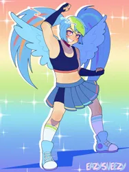 Size: 1080x1440 | Tagged: safe, artist:easysneezy, derpibooru import, rainbow dash, human, clothes, hatsune miku, humanized, image, looking at you, pigtails, png, rainbow background, shoes, skirt, smiling, smiling at you, socks, solo, sports bra, twintails, vocaloid, winged humanization, wings