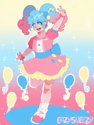 Size: 1080x1440 | Tagged: safe, artist:easysneezy, derpibooru import, pinkie pie, human, clothes, hatsune miku, image, looking at you, pigtails, png, shoes, skirt, smiling, smiling at you, socks, solo, twintails, vocaloid, waitress