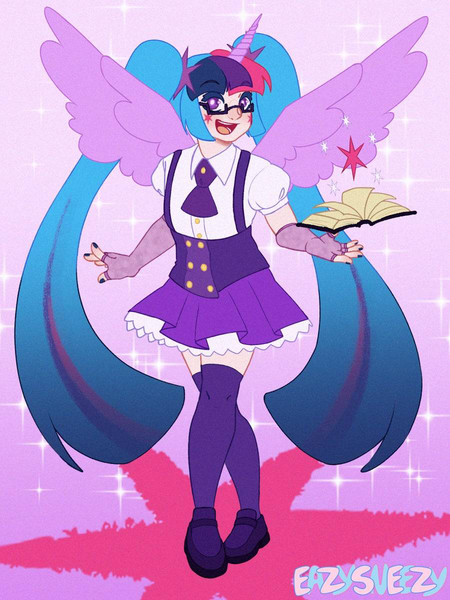 Size: 900x1200 | Tagged: safe, artist:easysneezy, derpibooru import, twilight sparkle, human, book, clothes, hatsune miku, horn, horned humanization, humanized, image, looking at you, pigtails, png, shoes, skirt, smiling, smiling at you, socks, solo, twintails, vocaloid, winged humanization, wings