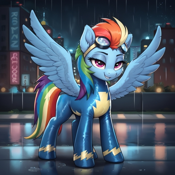 Size: 1024x1024 | Tagged: safe, ai content, derpibooru import, machine learning generated, prompter:thelight3d, stable diffusion, rainbow dash, pegasus, g4, city, clothes, generator:pony diffusion v6 xl, glasses, image, jpeg, rain, uniform, wings, wonderbolts uniform