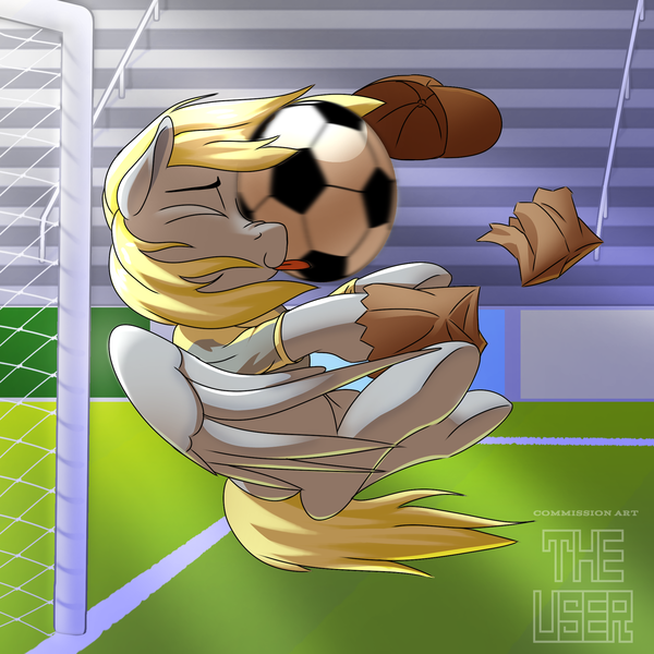 Size: 2000x2000 | Tagged: safe, artist:theuser, derpibooru import, derpy hooves, pegasus, pony, bag, football, hat, image, paper bag, png, solo, sports