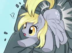 Size: 2374x1744 | Tagged: safe, artist:marbo, ponerpics import, derpy hooves, pegasus, pony, exclamation point, female, flying, i just don't know what went wrong, image, interrobang, mare, open mouth, png, question mark, raised tail, solo, tail, wings