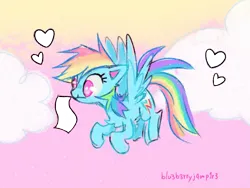 Size: 1241x931 | Tagged: safe, artist:flutterberrypie, edit, editor:edits of hate, rainbow dash, pegasus, pony, g4, female, floating heart, heart, image, mare, mouth hold, no pupils, png, signature, sky background, solo, sunset, template