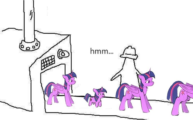 Size: 926x574 | Tagged: safe, artist:itssim, derpibooru import, twilight sparkle, twilight sparkle (alicorn), alicorn, pony, unicorn, assembly line, confused, conveyor belt, cute, defect, horn, image, jpeg, machine, mass production, overseer, smol, twiggie