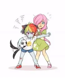 Size: 475x570 | Tagged: safe, artist:dcon, derpibooru import, fluttershy, rainbow dash, human, equestria girls, g4, blushing, clothes, dog ears, dog tail, dress, eared humanization, football, humanized, image, jpeg, shirt, shoes, shorts, simple background, socks, sports, t-shirt, tail, tail wag, tailed humanization, white background, younger