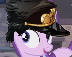 Size: 565x449 | Tagged: safe, derpibooru import, edit, edited screencap, editor:rianmoonss, screencap, starlight glimmer, pony, captain hat, female, hat, image, jojo reference, jojo's bizarre adventure, jotaro kujo, jpeg, mare, smiling