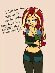 Size: 1061x1400 | Tagged: safe, artist:peel_a_na, derpibooru import, sunset shimmer, human, equestria girls, g4, alternate clothes, beige background, clothes, cosplay, costume, dialogue, english, gwen (total drama), hand on chin, image, implied anon, jpeg, simple background, solo, text, total drama, total drama island, unamused